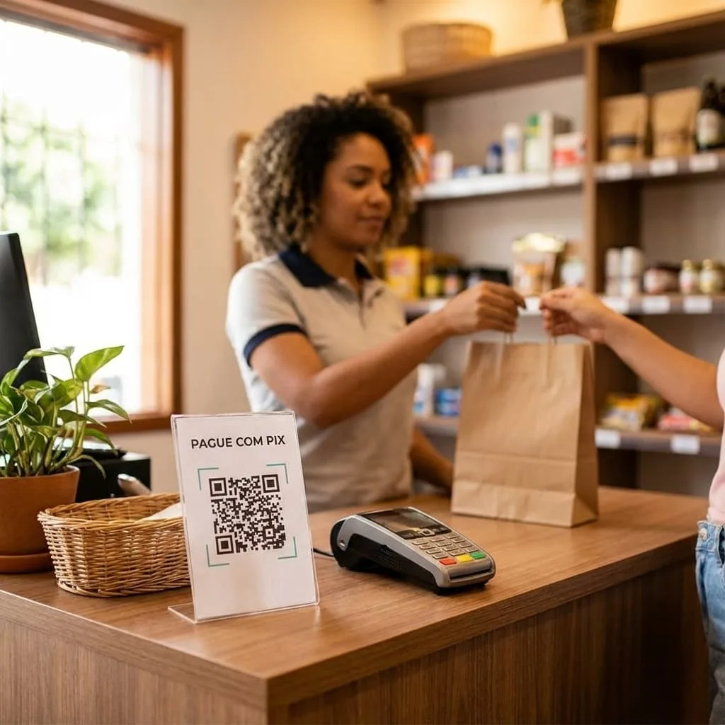 QR Code de avaliação visível no caixa da loja