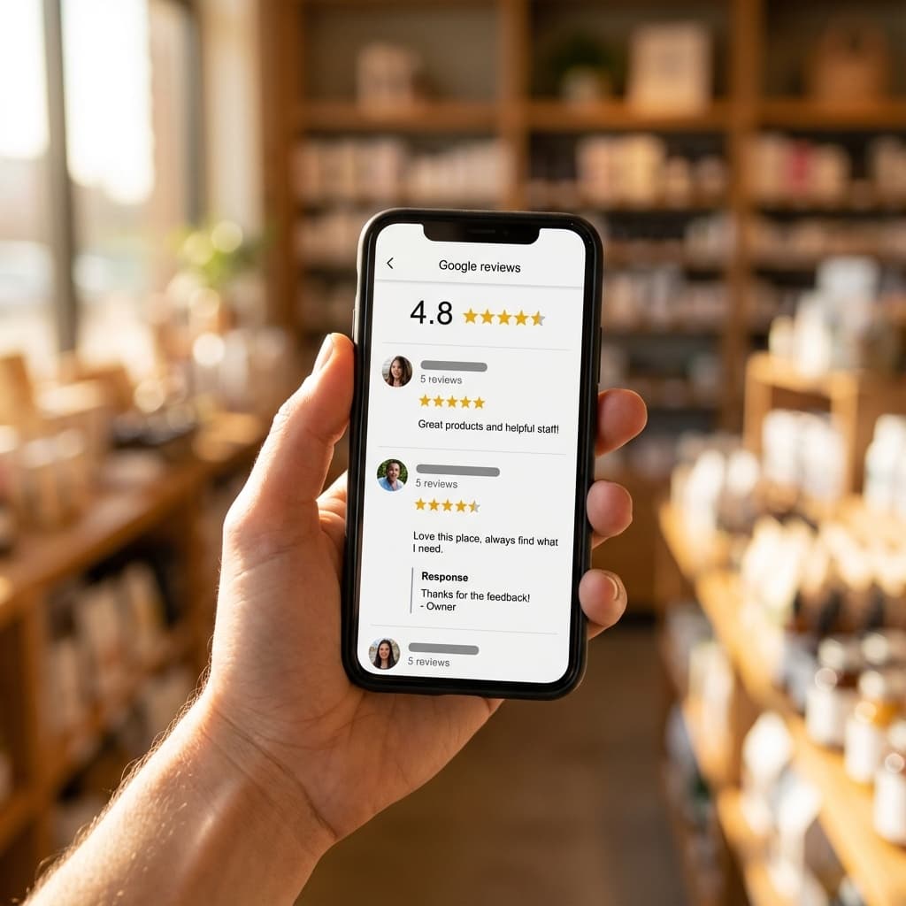 Tela de celular mostrando avaliações do Google com respostas do estabelecimento