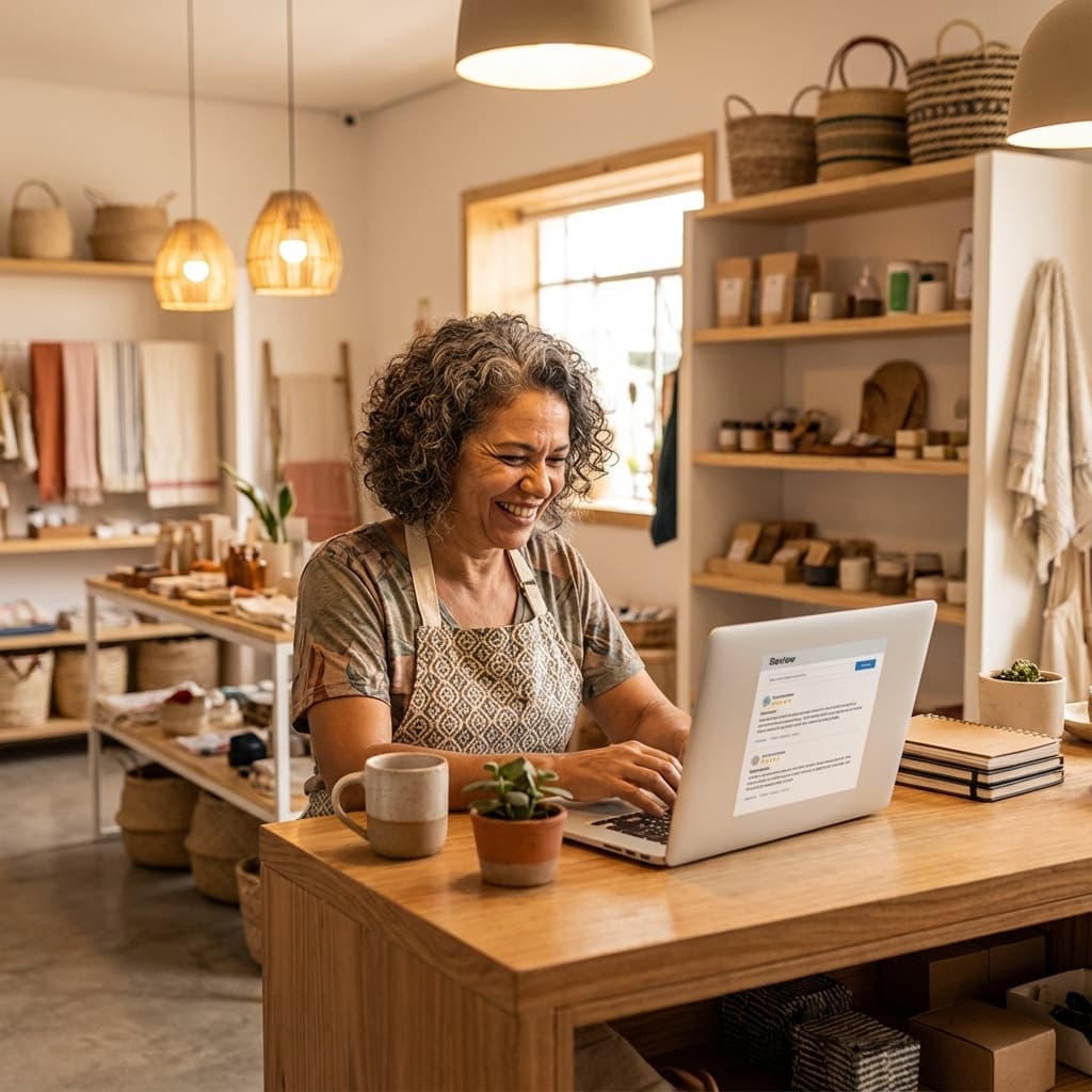 Lojista sorrindo respondendo avaliação no computador
