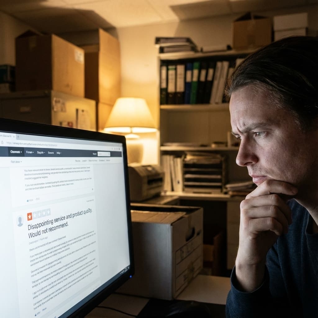 Pessoa pensativa olhando para tela de computador com avaliação negativa