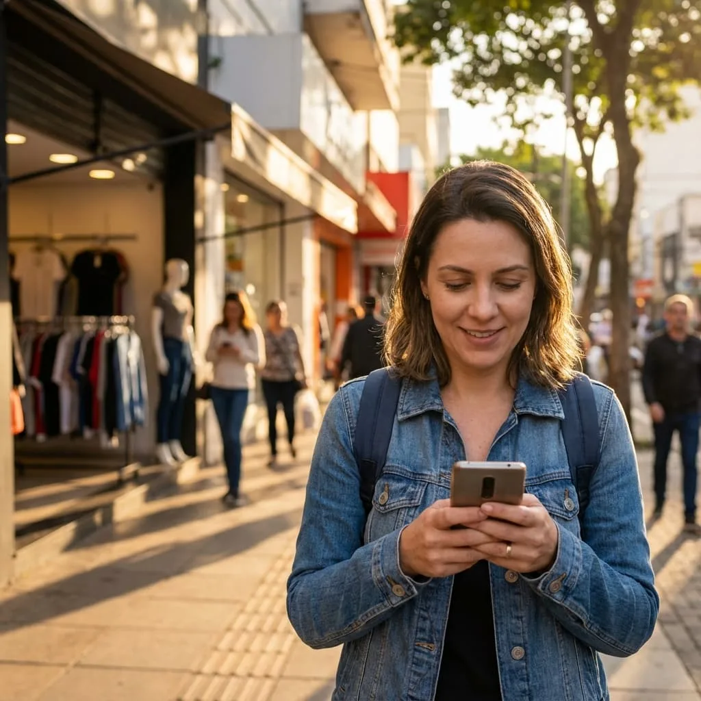 Cliente mirando reseñas en el celular antes de entrar a una tienda