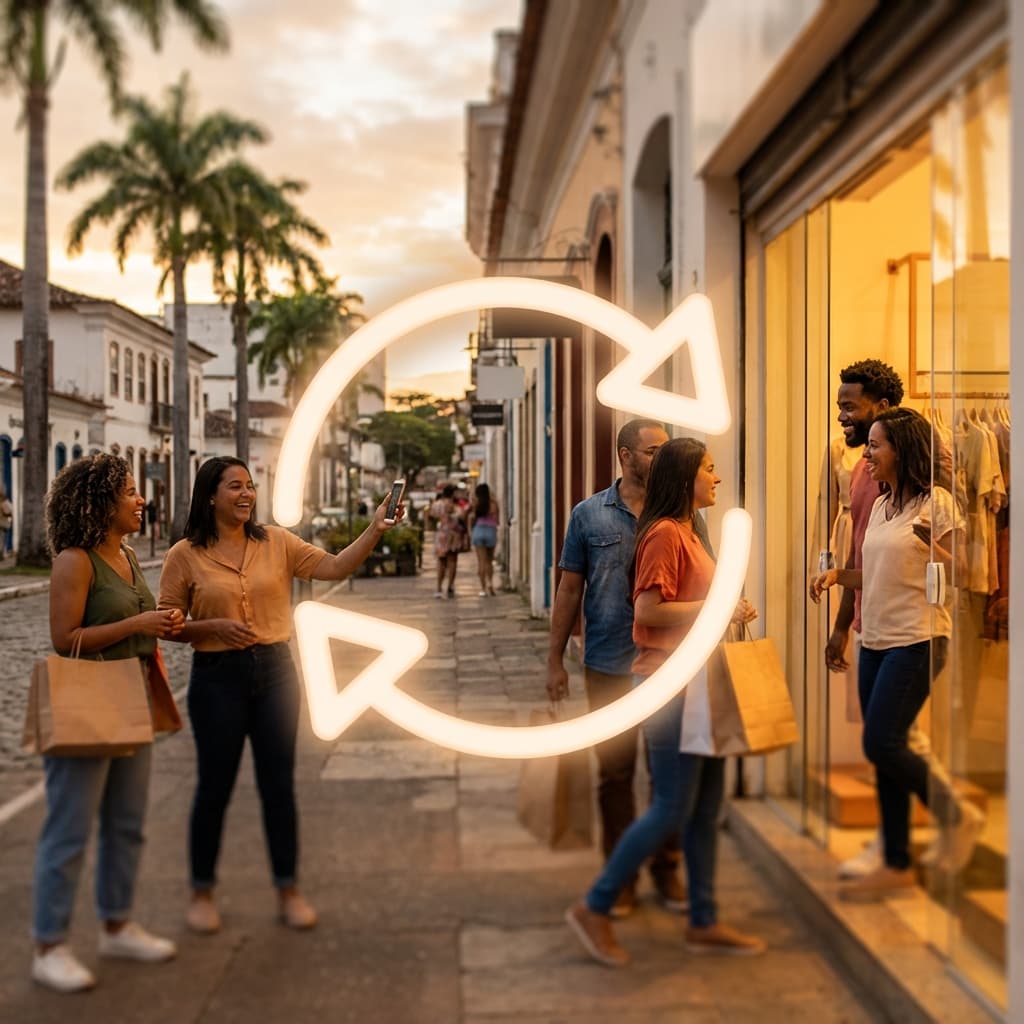 Ciclo visual de avaliações positivas gerando mais clientes