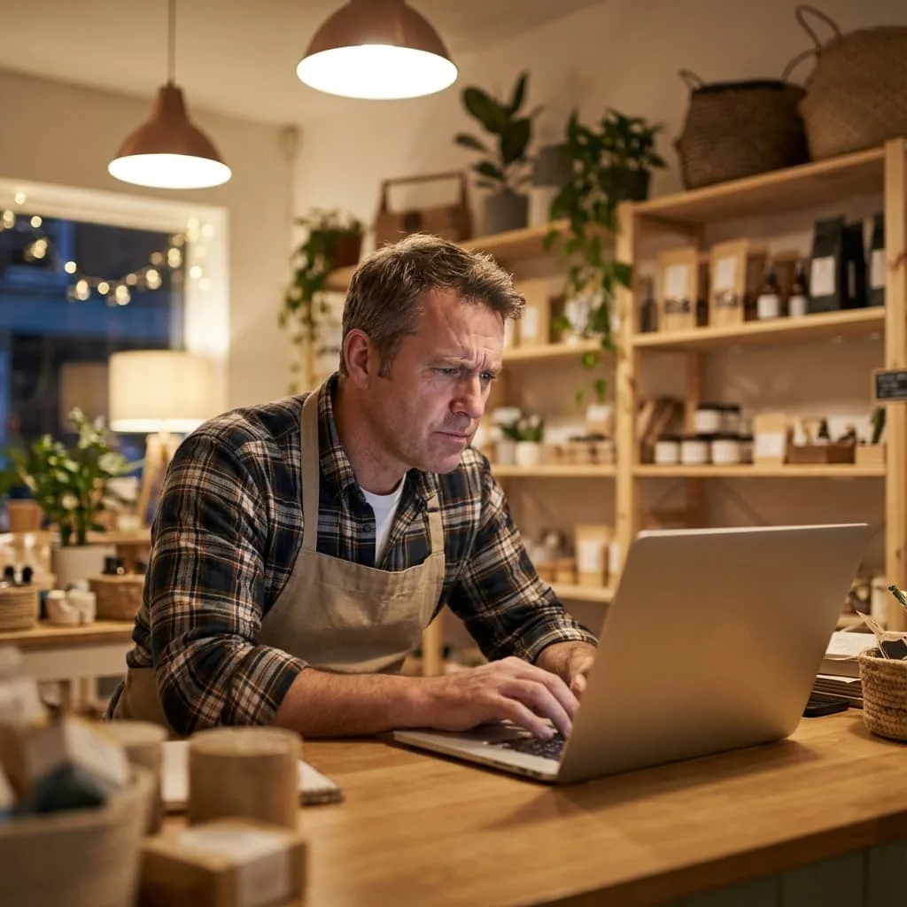 Business owner responding to customer reviews on computer