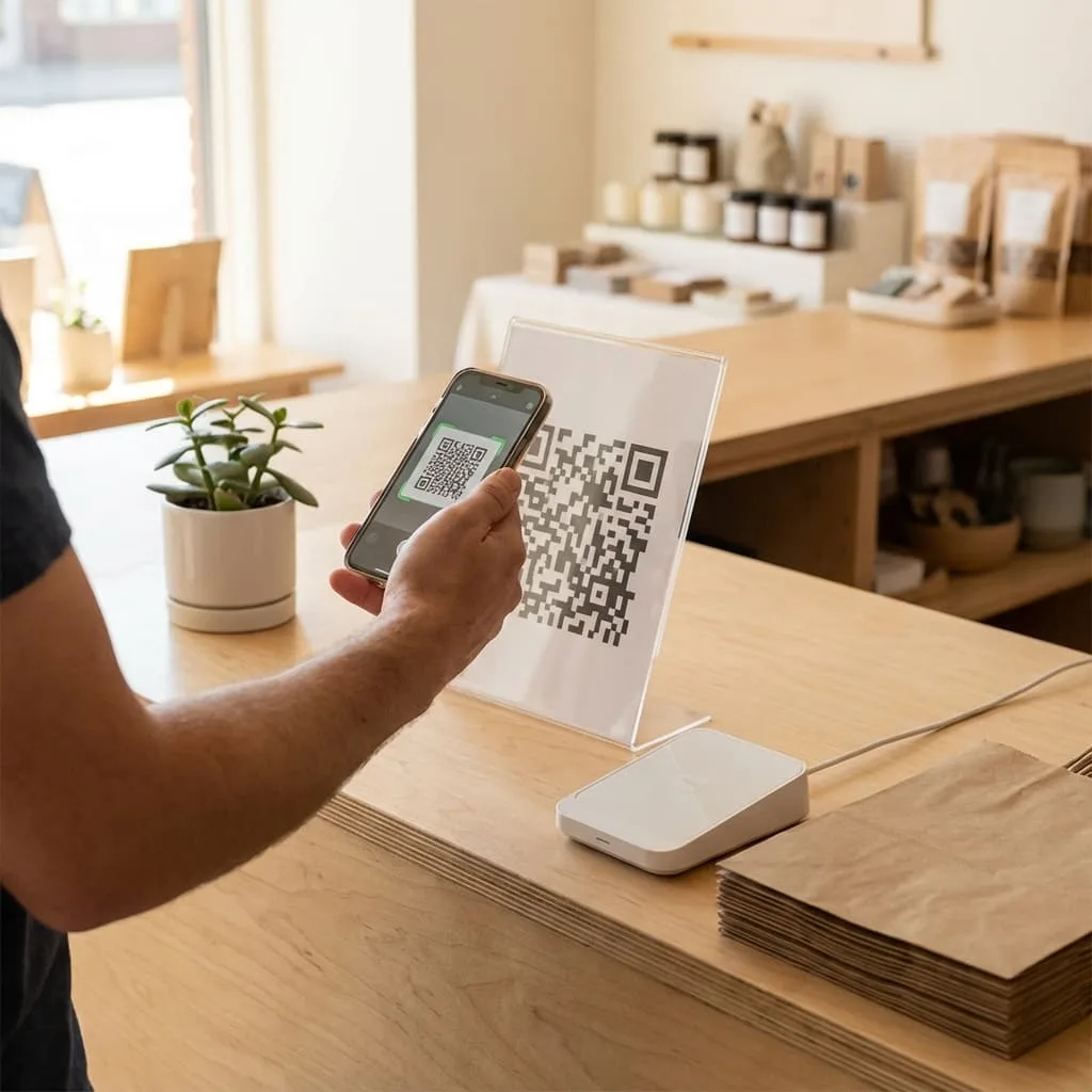 QR code for Google reviews displayed at retail checkout counter