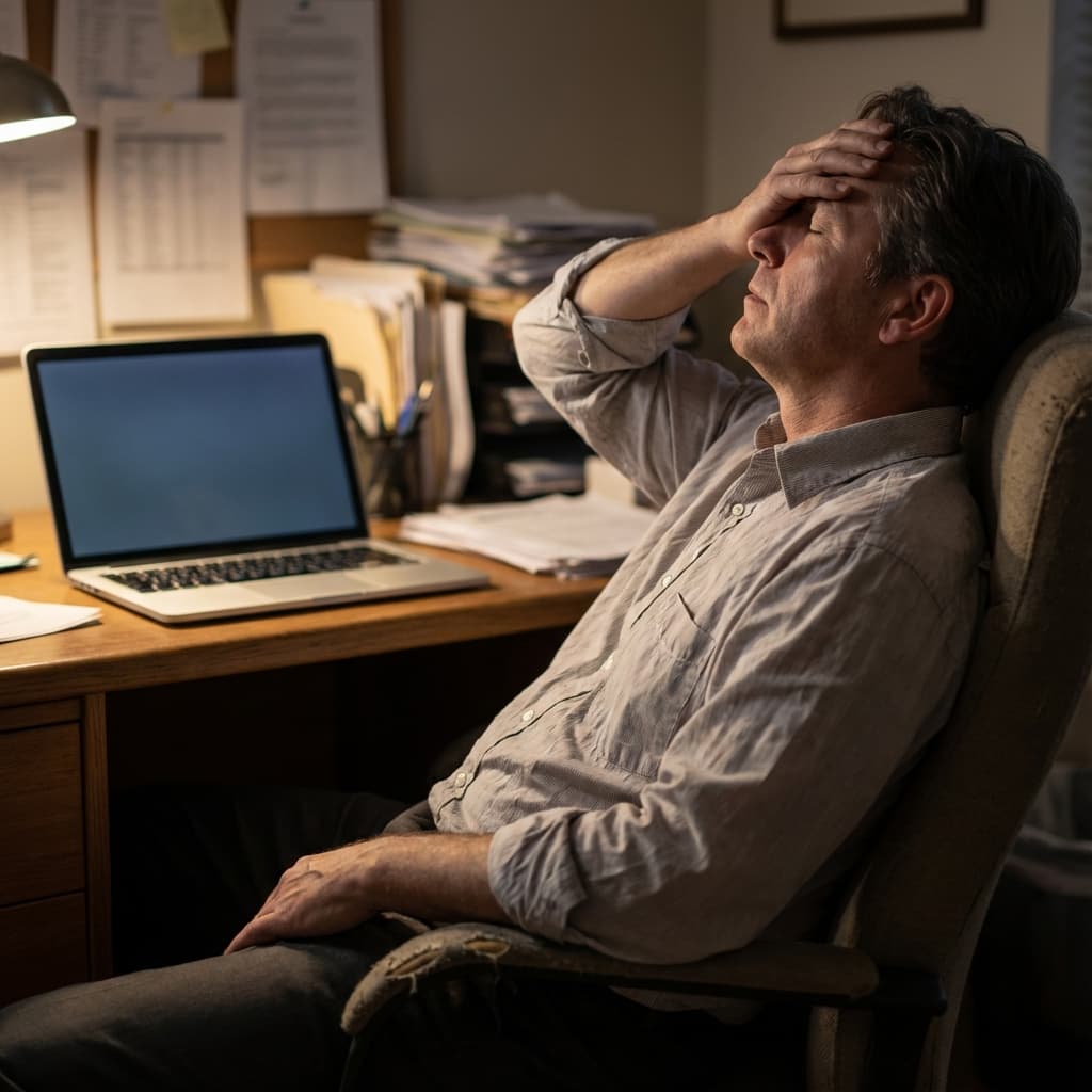 Dono de negócio frustrado olhando computador após remoção de avaliação ser negada