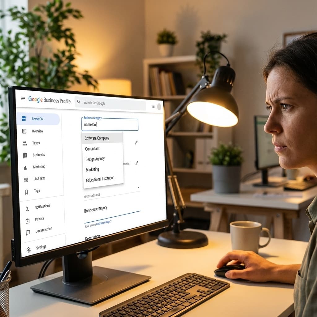 Person selecting business category in Google Business Profile dashboard