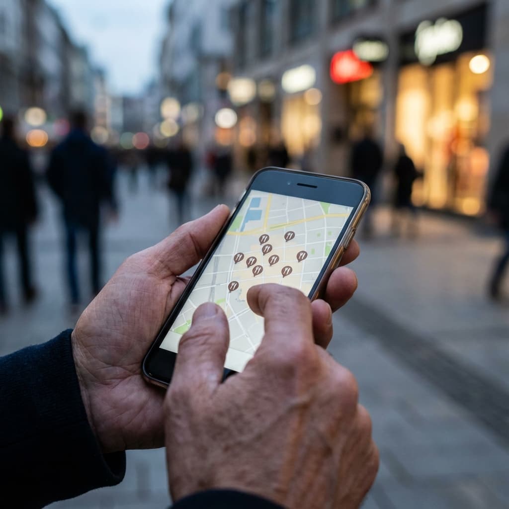 Pessoa pesquisando comida no celular com Google Maps aberto