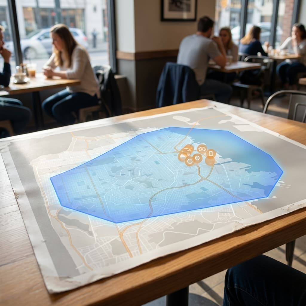 Google Maps mostrando área de serviço para vendedor móvel de comida