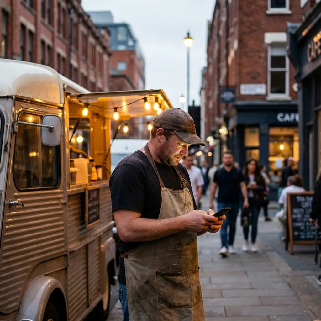 Food truck owner updating Google Business Profile on phone