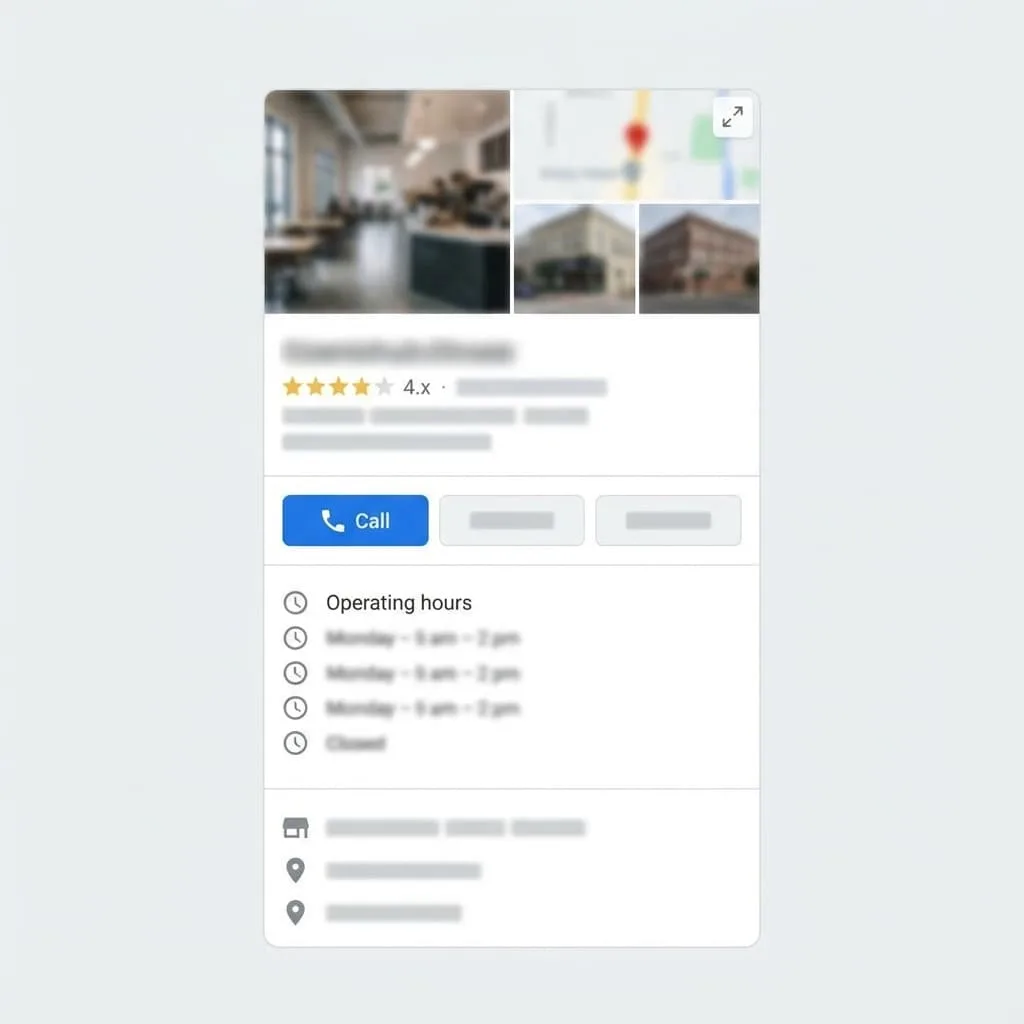 Visual example of a complete business profile on Google Maps with photos, hours, and reviews