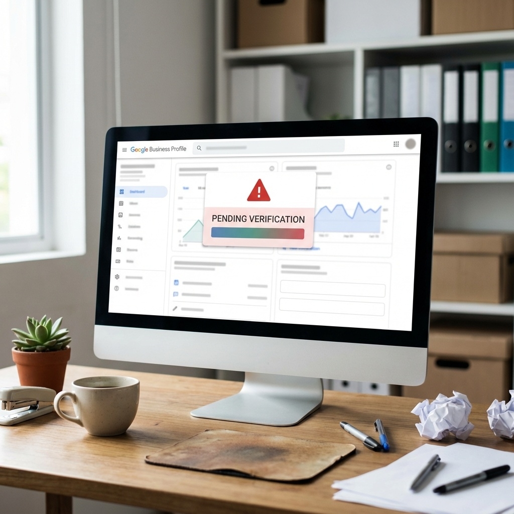 Tela de computador mostrando painel do Google Meu Negócio com status de verificação pendente
