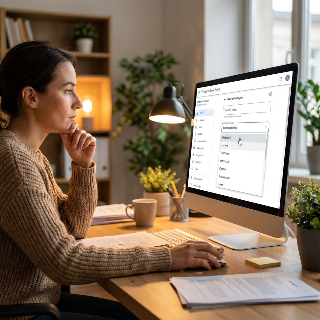Pessoa selecionando categoria de negócio no painel do Google Meu Negócio