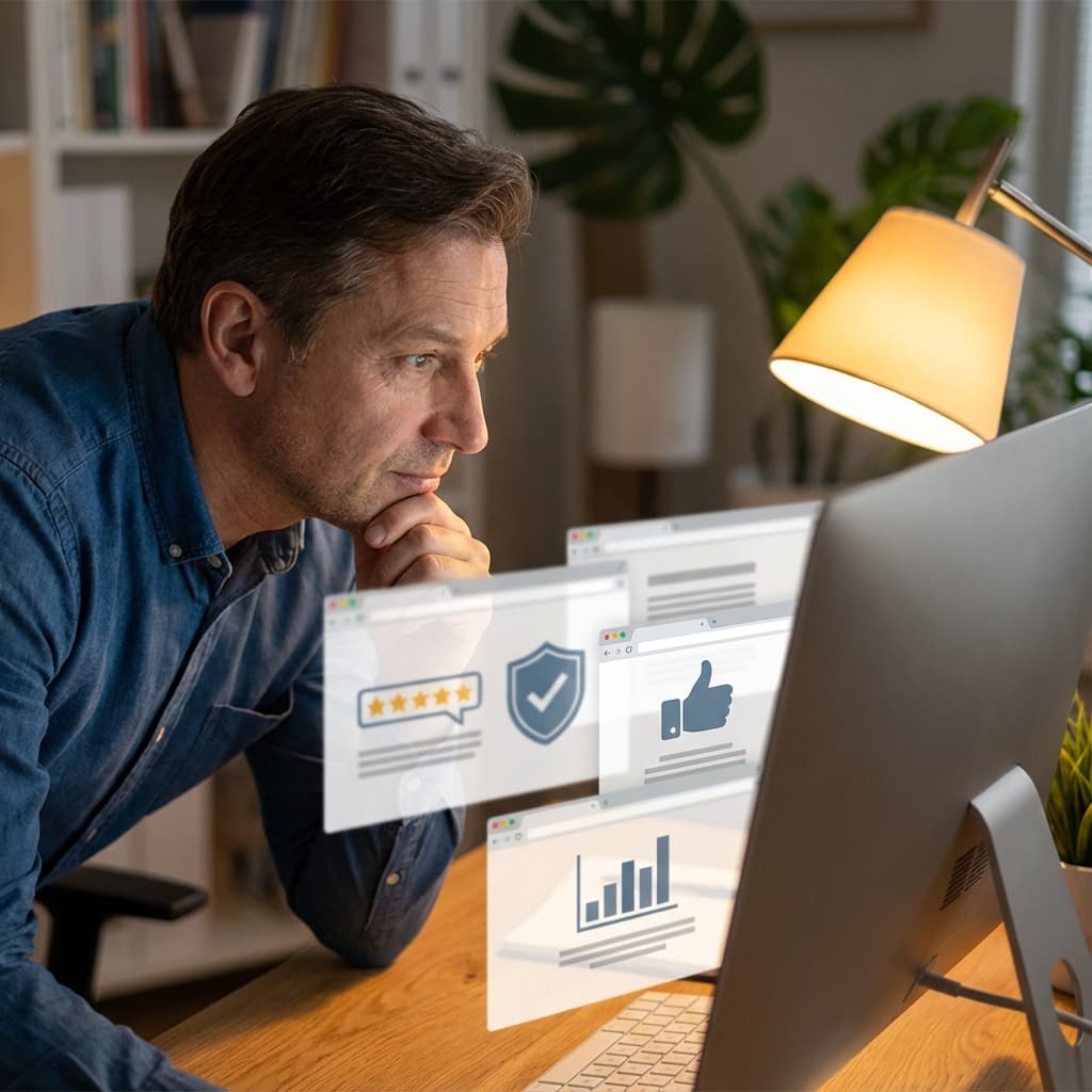 Dono de negócio revisando dashboard de reputação mostrando múltiplas plataformas