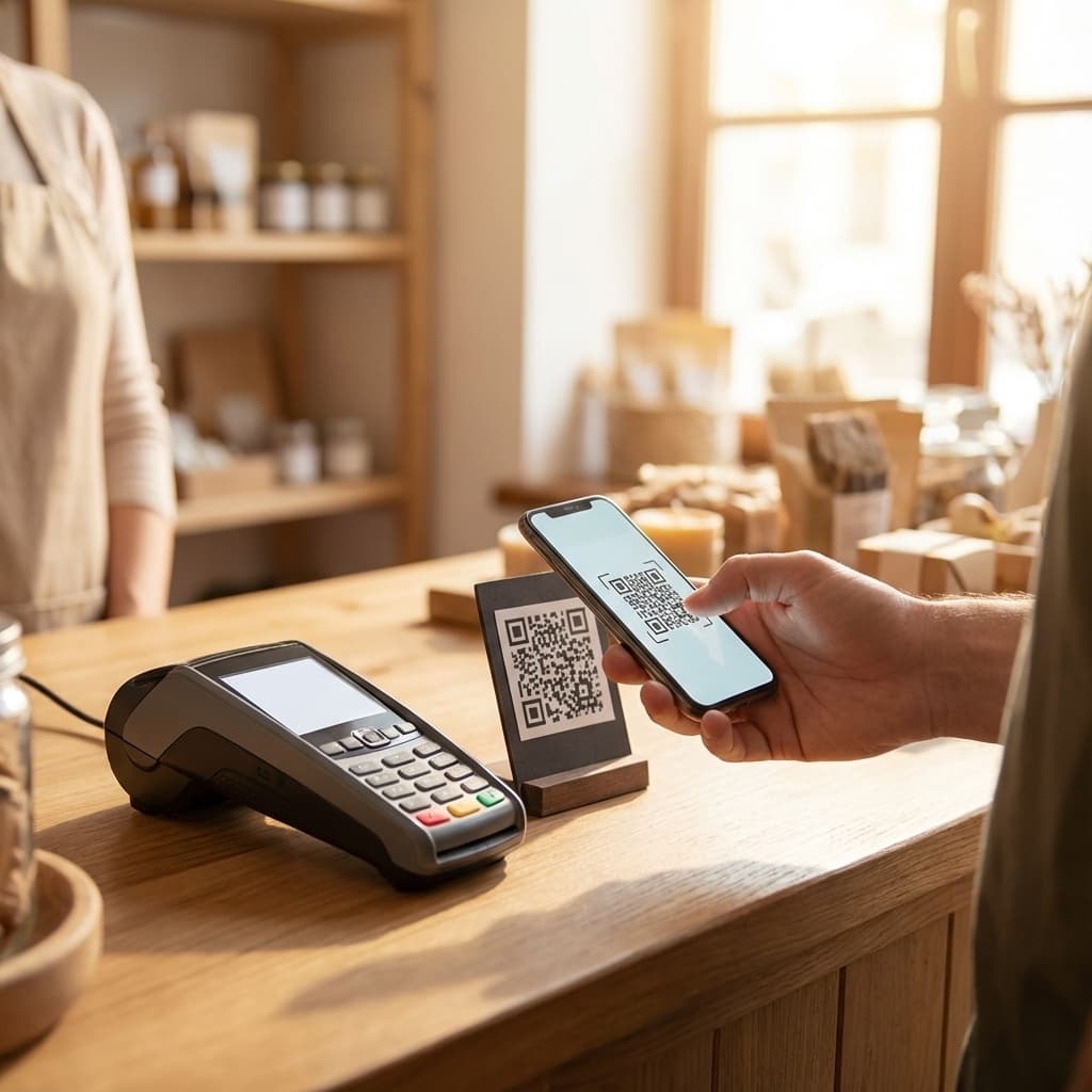 Customer at checkout counter scanning review QR Code with phone