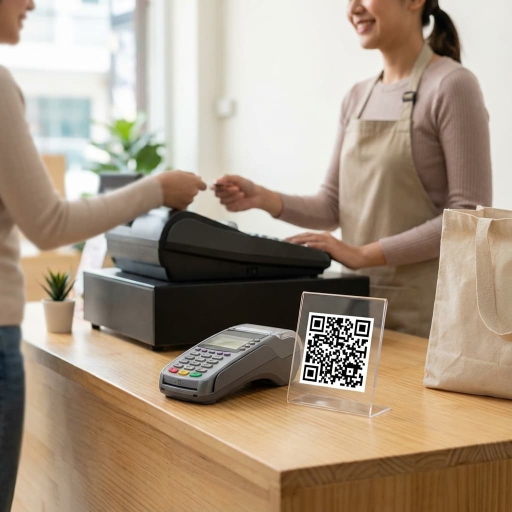 Review QR Code visible at store checkout next to payment terminal
