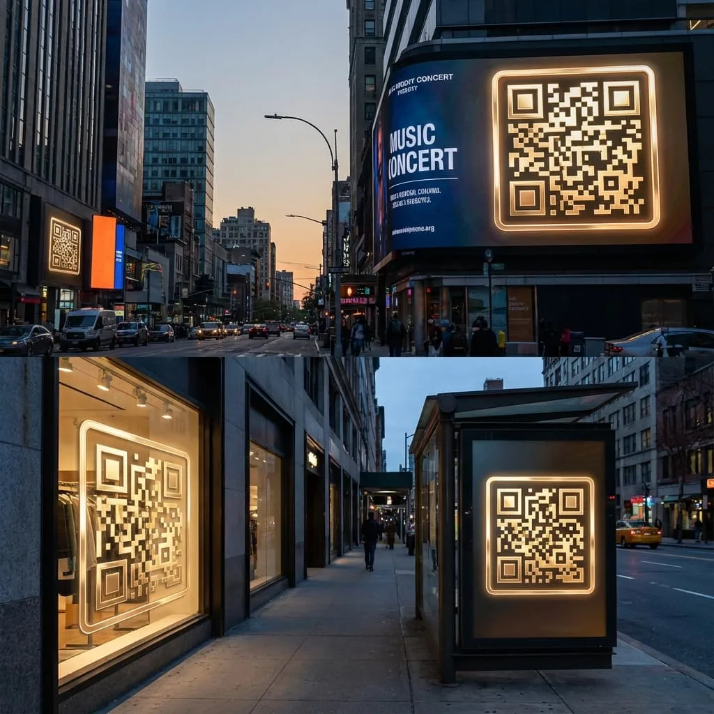 Dueño de negocio colocando un código QR en el mostrador mientras un cliente escanea con su smartphone