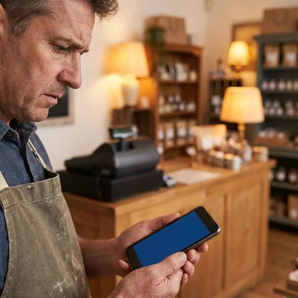 Worried store owner looking at phone showing low Google rating