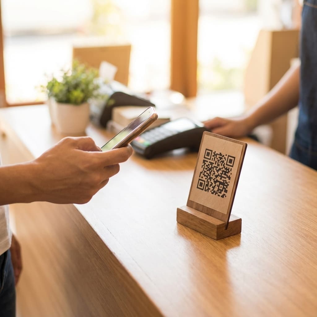 Review QR code on retail store counter