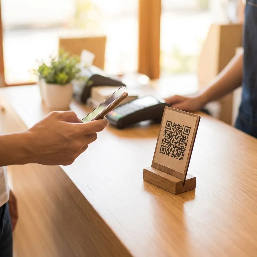 Review QR code on retail store counter