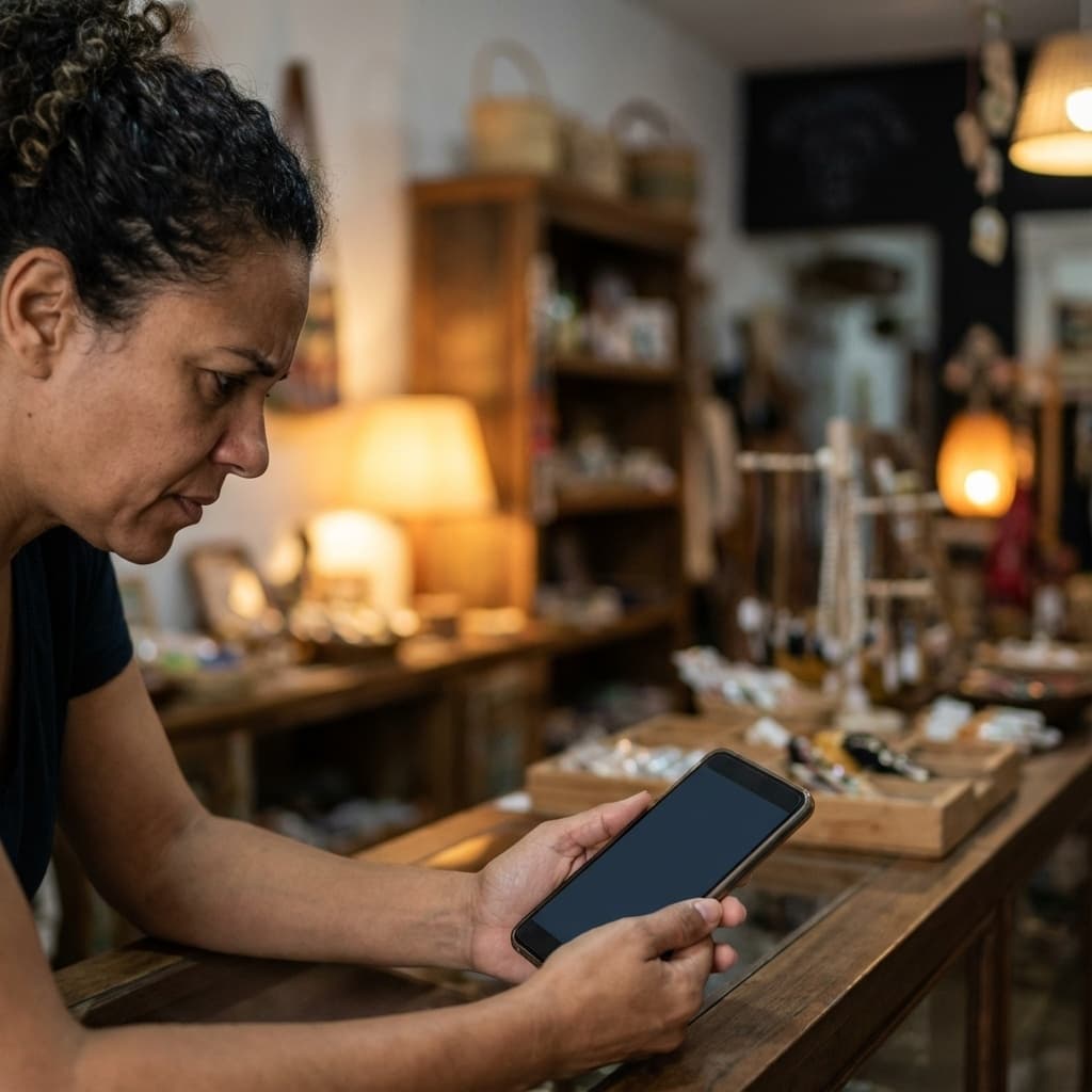 Lojista brasileiro olhando preocupado para tela de celular mostrando nota baixa no Google