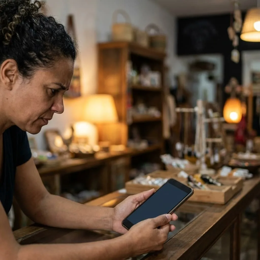 Lojista brasileiro olhando preocupado para tela de celular mostrando nota baixa no Google