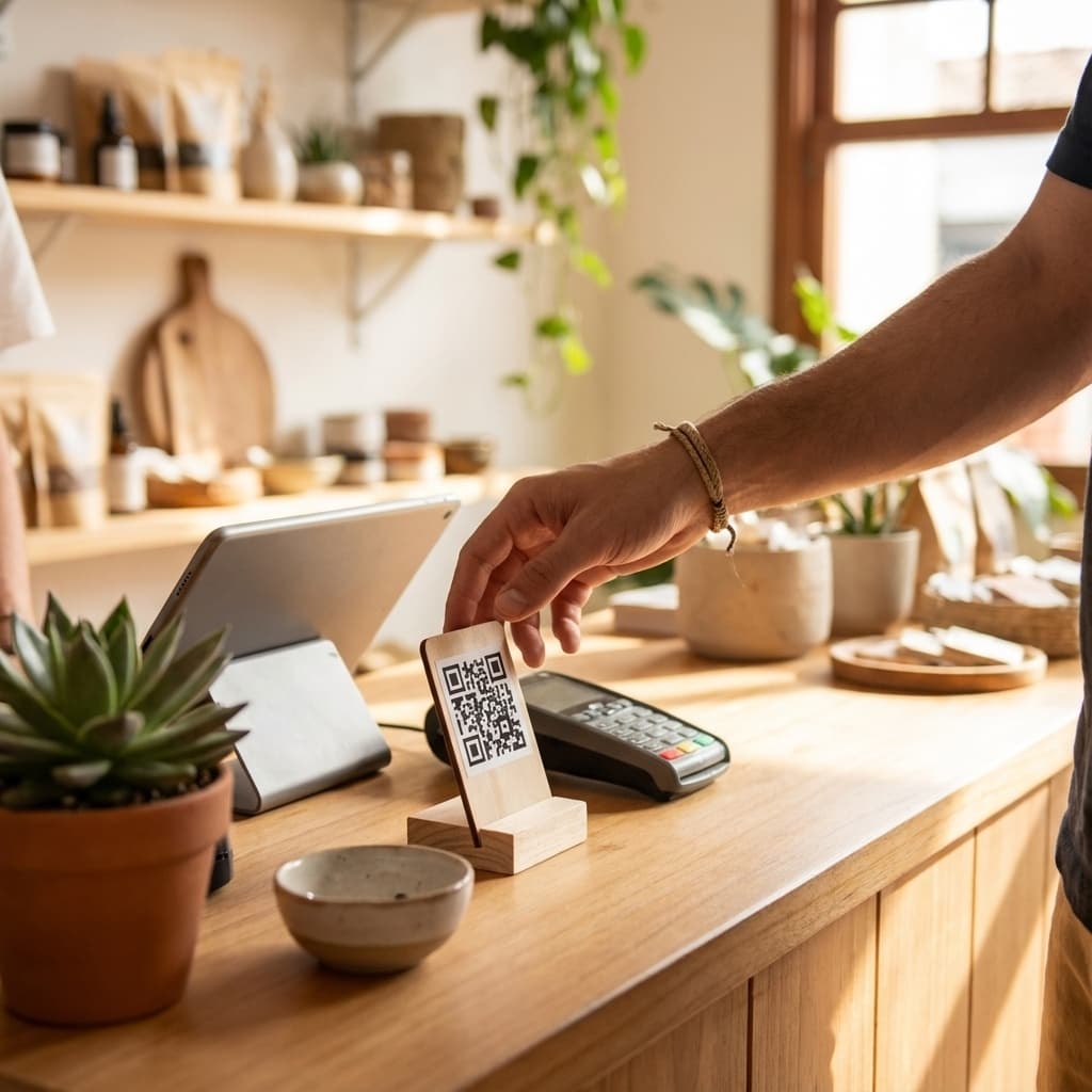 QR Code de avaliação no balcão de loja brasileira