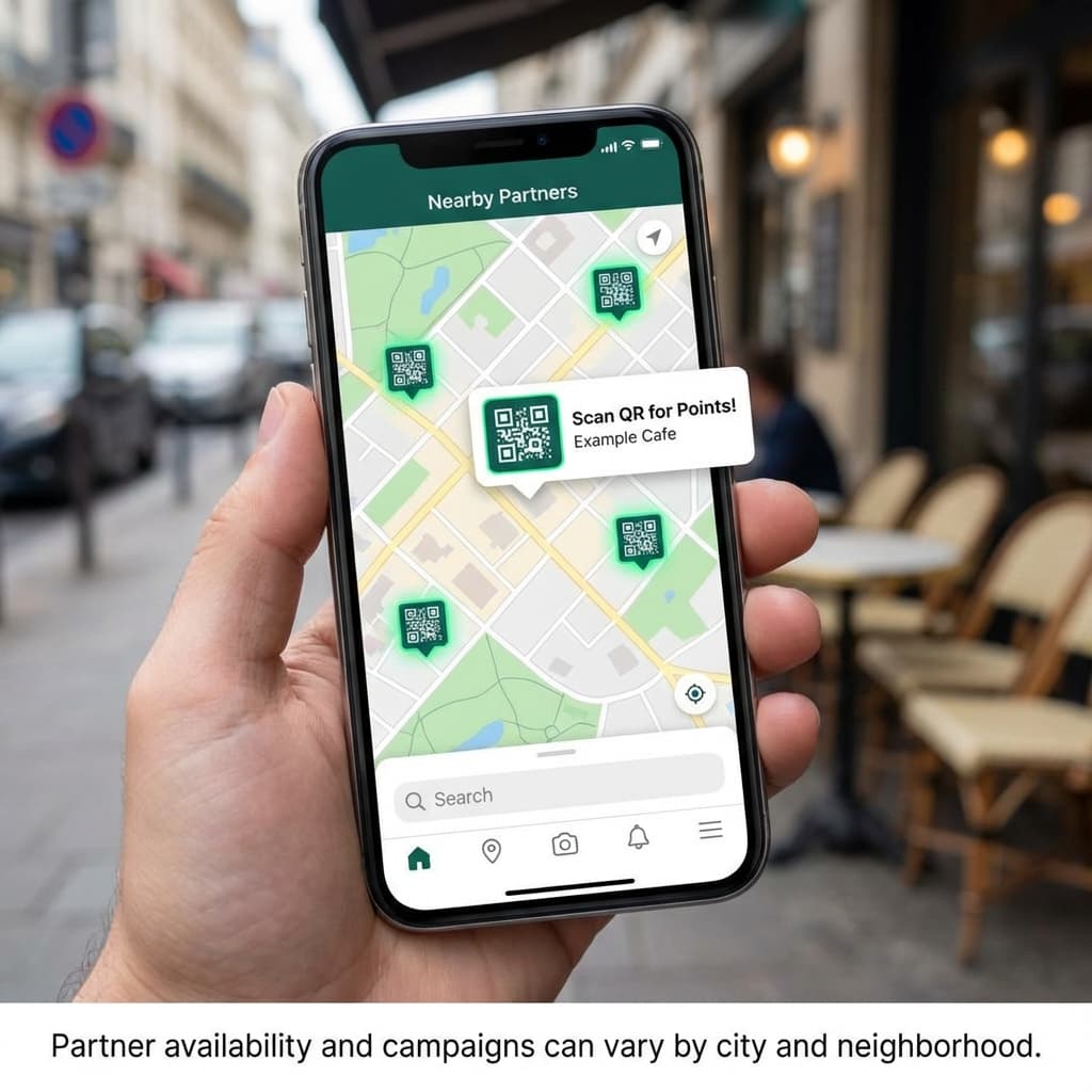 Map-style view on a smartphone highlighting nearby partner locations where QR codes can be scanned