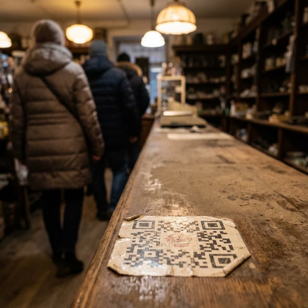 Adesivo de QR Code desbotado no balcão de loja sendo ignorado pelos clientes