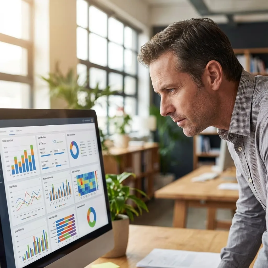 Business owner viewing charts on a computer screen