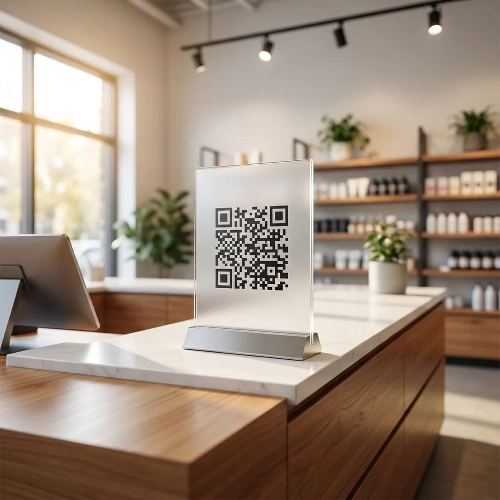 QR code prominently displayed at checkout counter with clear call to action