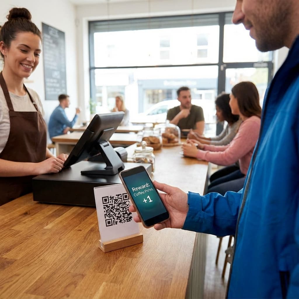 Person scanning a QR code at a cafe counter with a phone, earning a small reward shown on screen