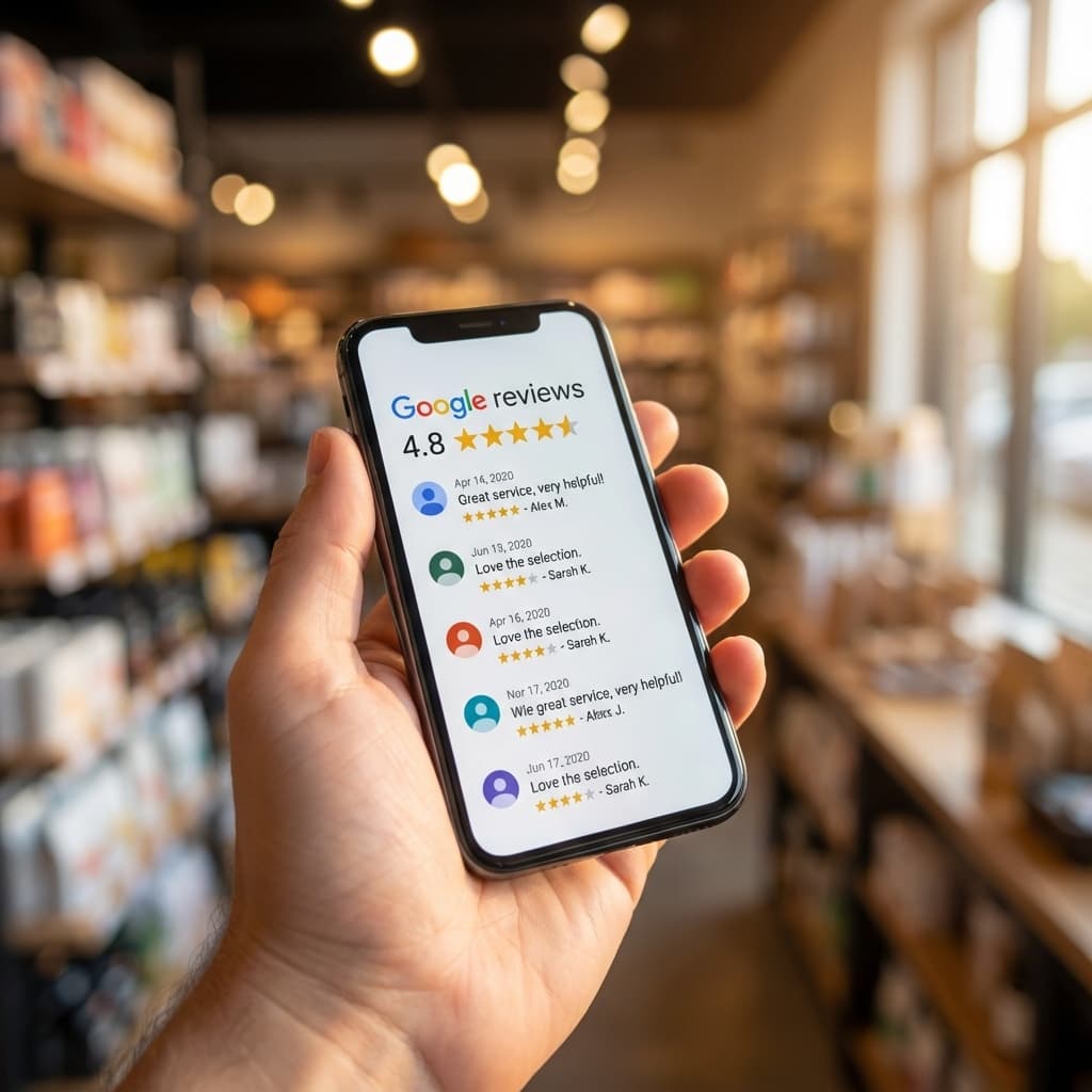 Phone screen showing Google reviews with business responses