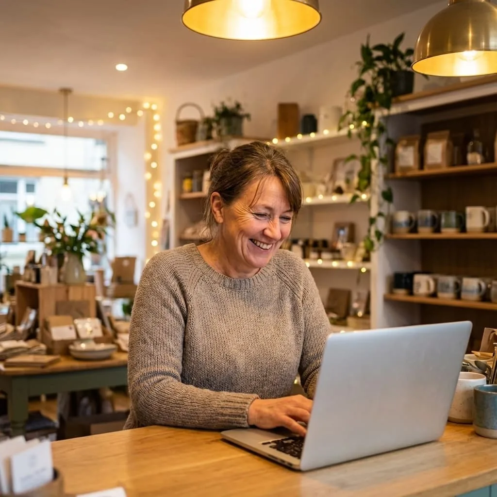 Store owner smiling while responding to a review on computer