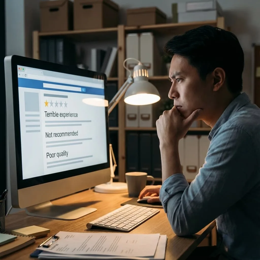 Person looking thoughtfully at computer screen with negative review