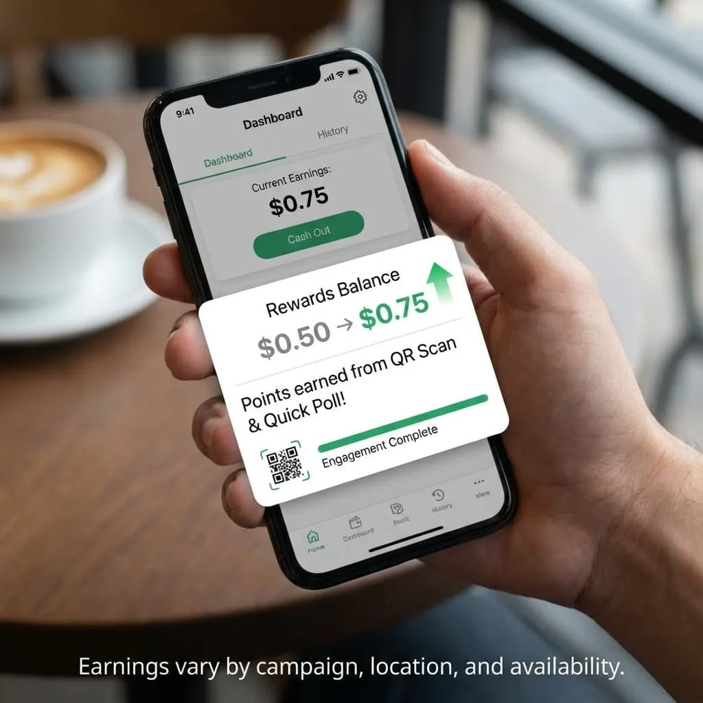 Phone screen showing a small rewards balance increasing after a QR scan and short engagement