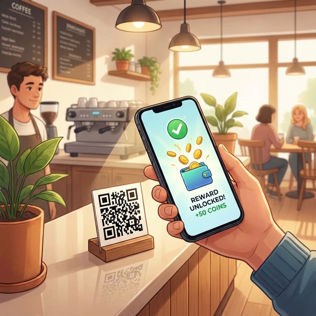 Phone scanning a QR code at a coffee shop counter, with reward notification appearing on screen