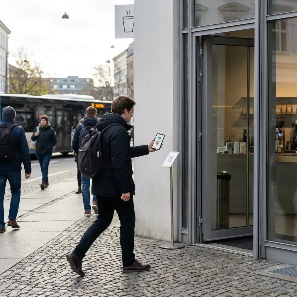 Scanning a VISU QR code at a coffee shop entrance during a morning walk