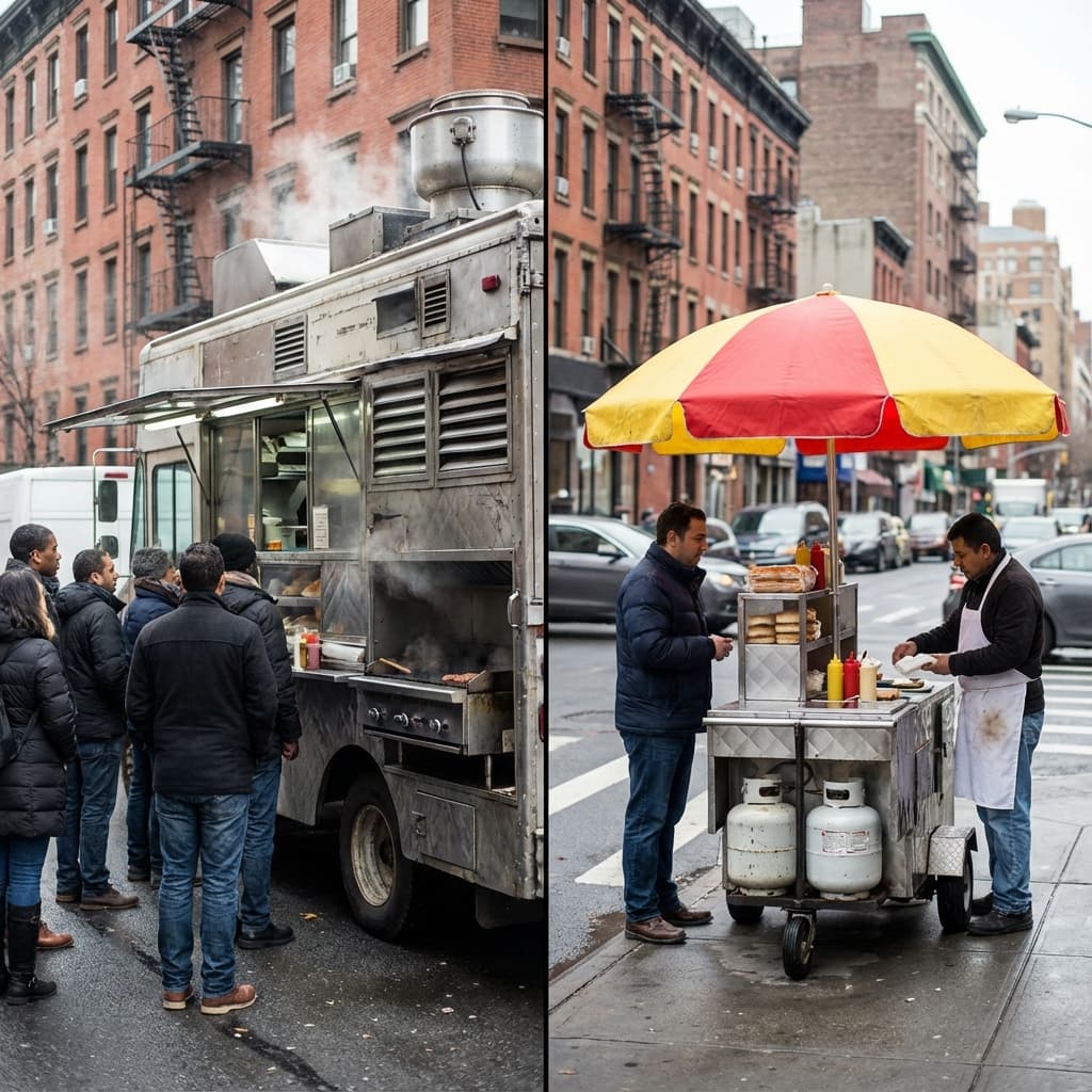 Diferentes formatos de comida de rua, do food truck ao carrinho simples