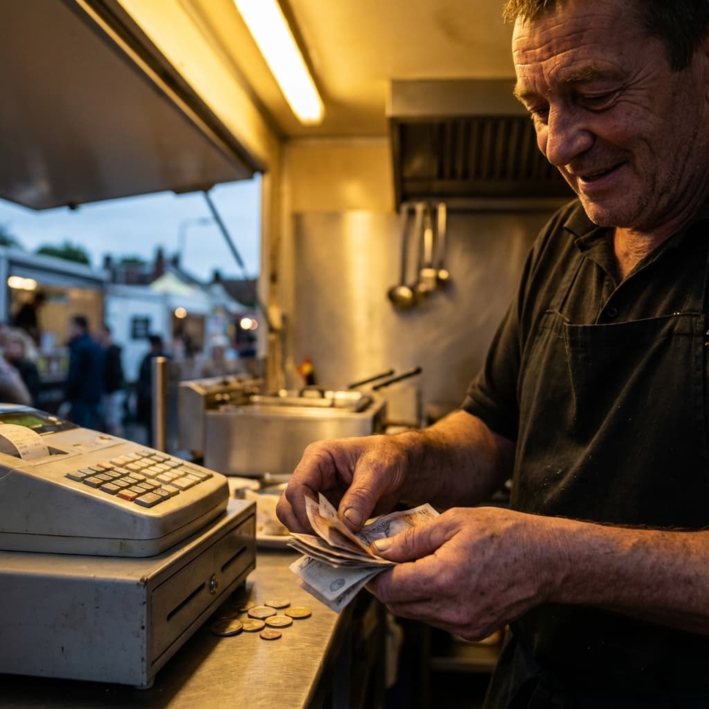 Vendedor de comida de rua contando dinheiro no fim do dia