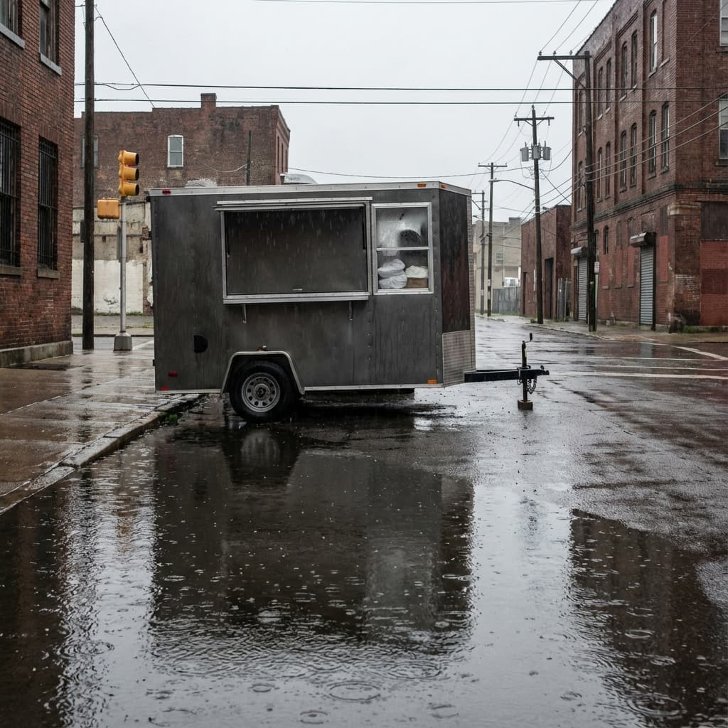 Rua vazia com trailer de lanches fechado em dia de chuva