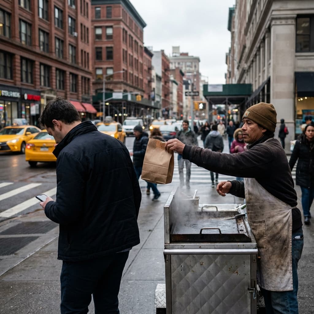 Vendedor de comida de rua atendendo cliente sem forma de reconectar