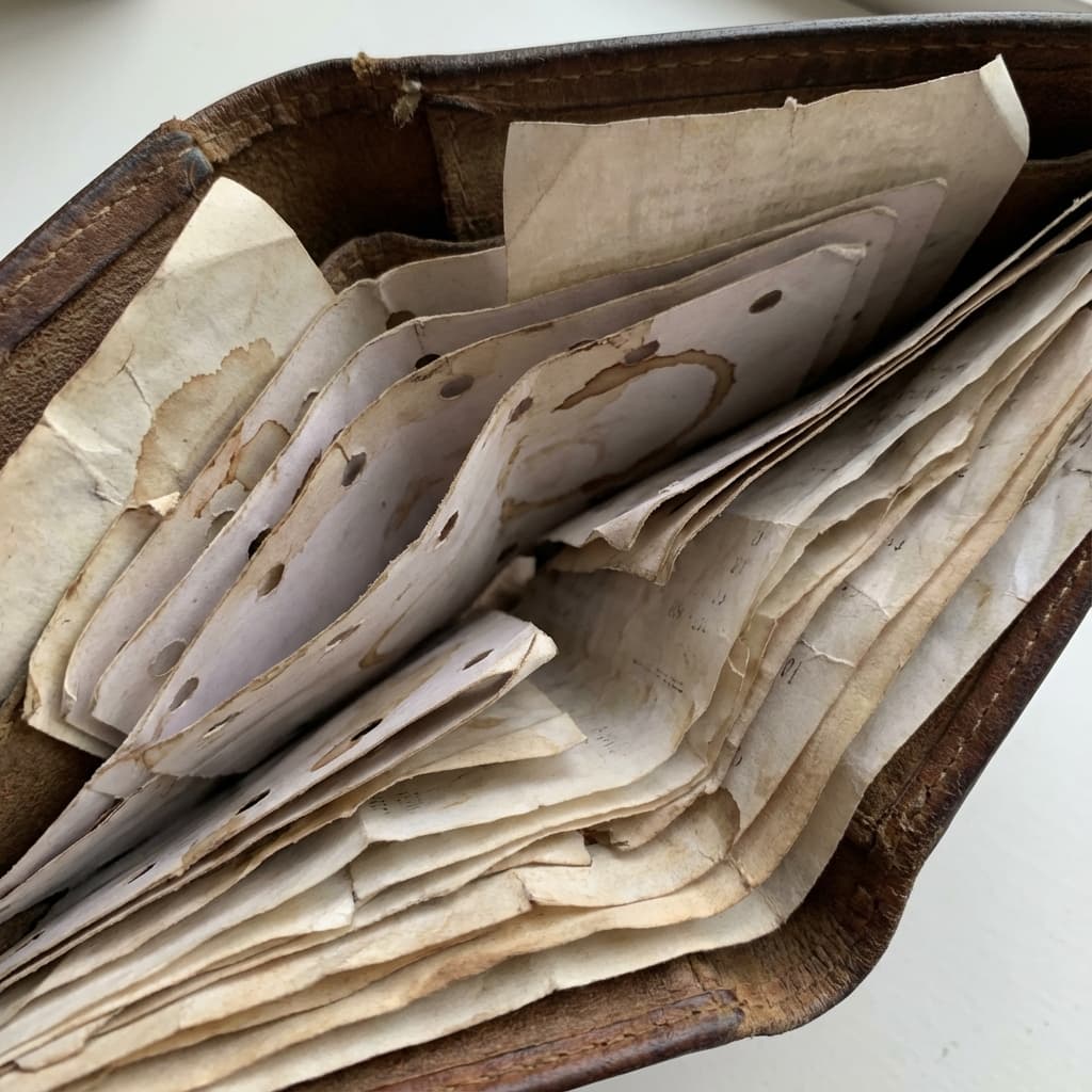 Cartões de fidelidade de papel amassados dentro de carteira