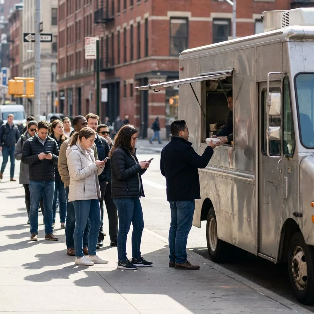 Clientes esperando na fila do food truck olhando para celulares