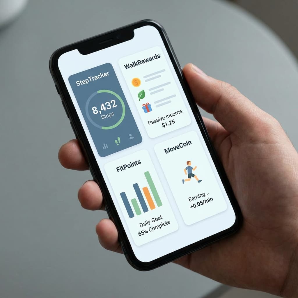 A smartphone showing multiple walking reward apps running at the same time