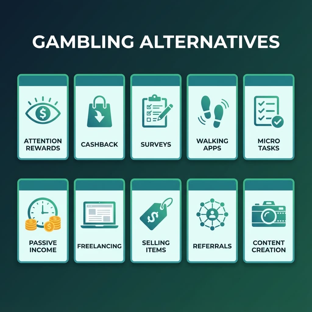 Overview of 10 gambling alternatives that pay including attention rewards, cashback, surveys, walking apps, and more
