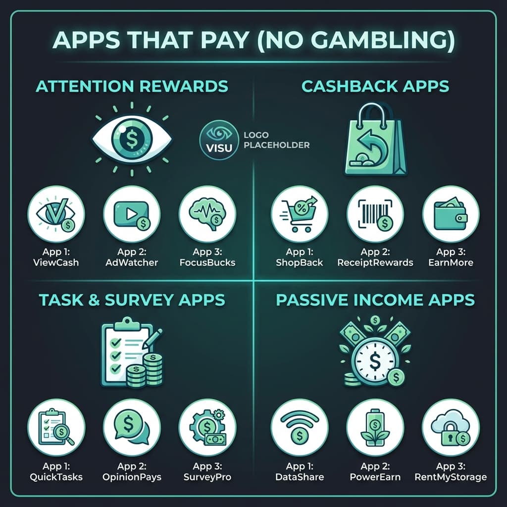 Four categories of apps that pay without gambling including attention rewards, cashback, tasks, and passive income methods
