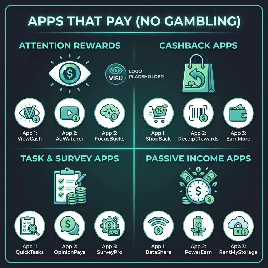 Four categories of apps that pay without gambling including attention rewards, cashback, tasks, and passive income methods