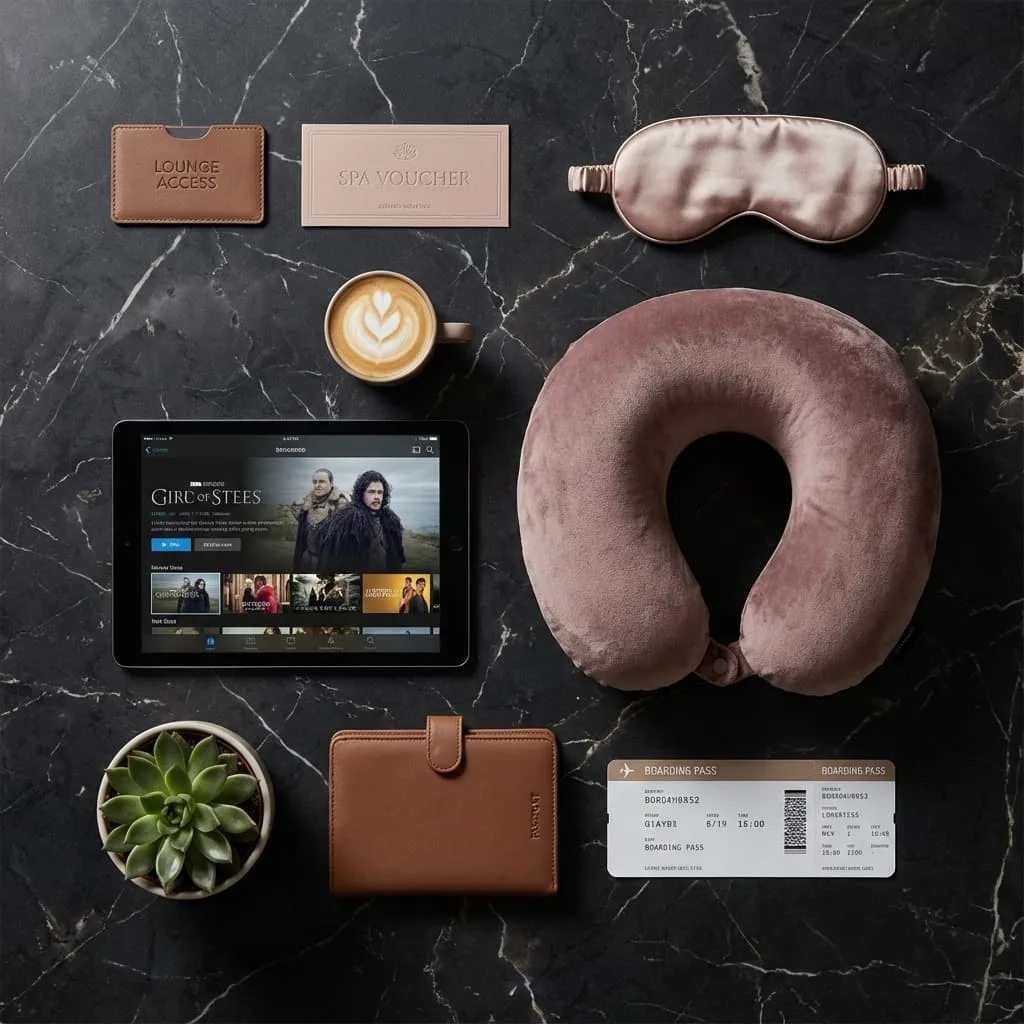 Comparison of airport amenities including lounges, sleeping pods, free wifi, and entertainment options