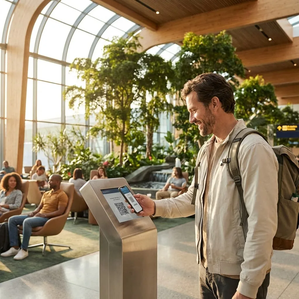 Traveler accumulating rewards at world-class airport by scanning QR codes during layover