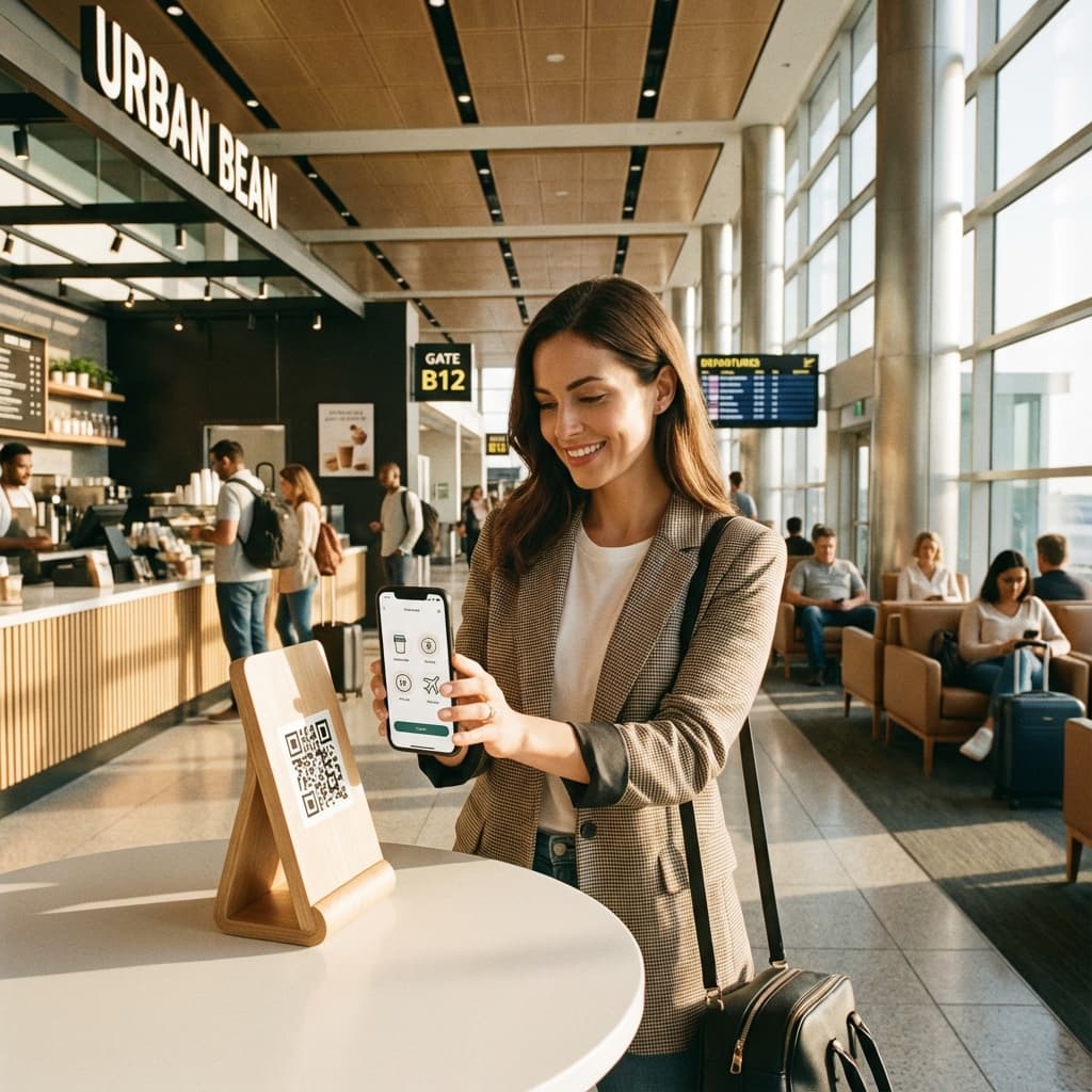 Person scanning QR code at airport to accumulate rewards during layover with VISU app